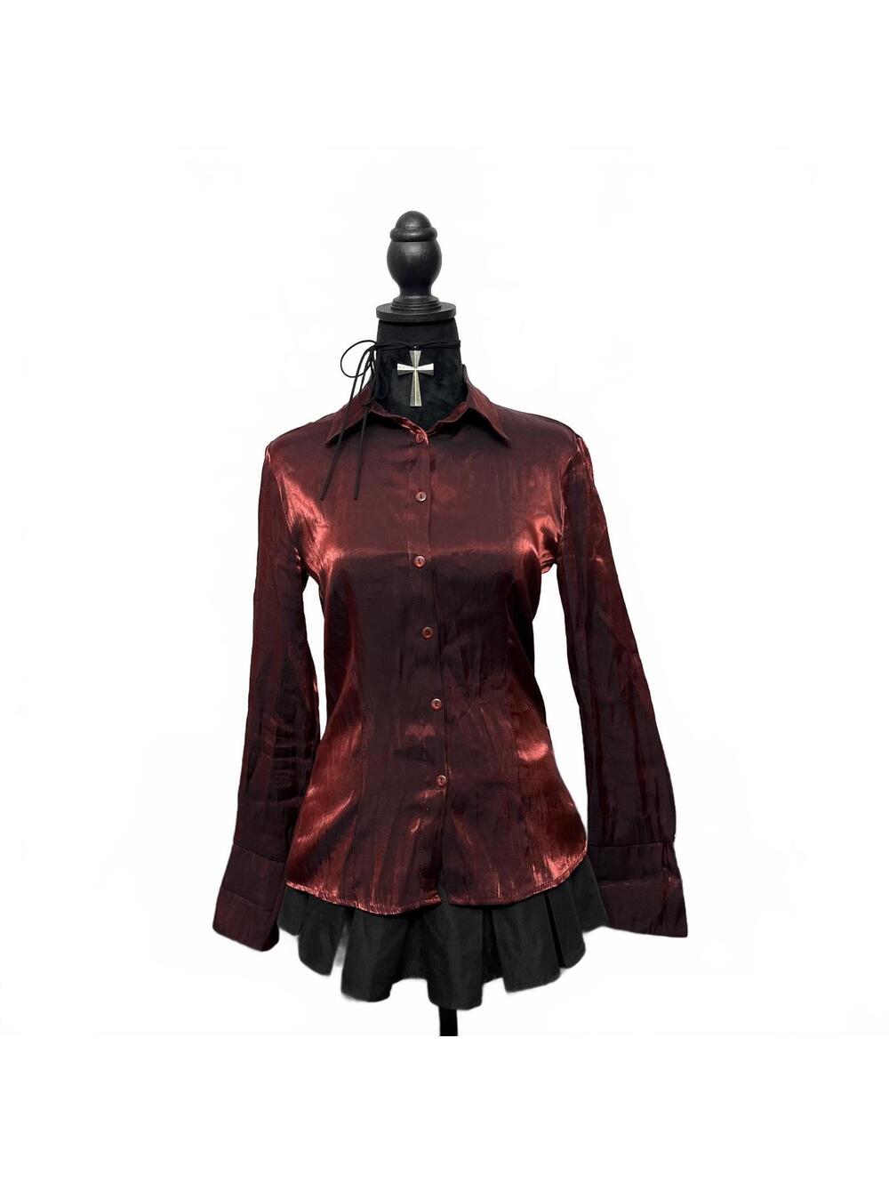 Vintage Pariscope Sz S Metallic Wine Red Long Sleeve Button Up Blouse Gothic